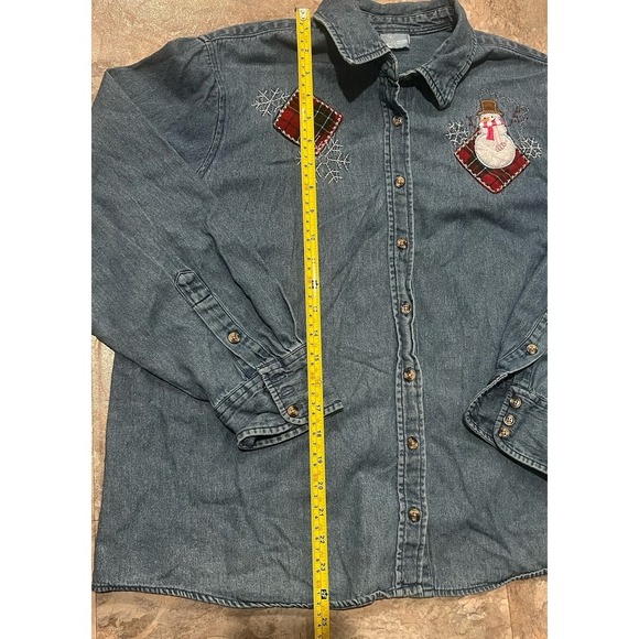 90s Denim Button Up Christmas Shirt Snowman Embroidered Holiday Top Womens XL - Picture 6 of 10